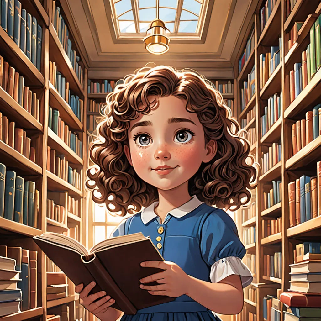 a girl is reading a book in a library with bookshelves and a lamp on the ceiling above her, fantasy art, a storybook illustration, Clarice Beckett, storybook illustration