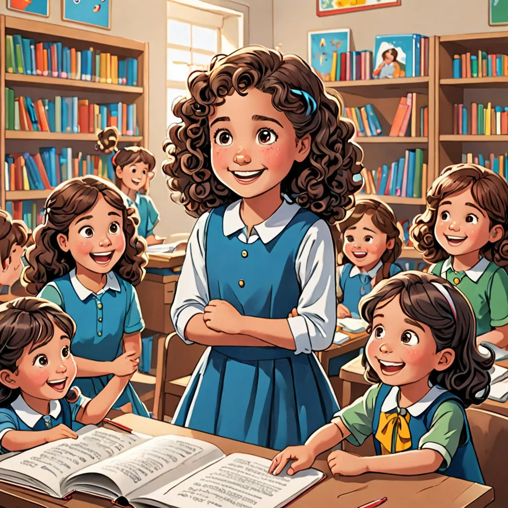 a girl standing in front of a group of children in a classroom with a book open on the desk, danube school, a storybook illustration, Diego Gisbert Llorens, official art