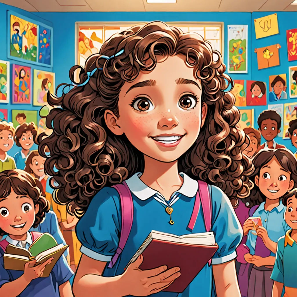 a girl in a school room with a book in her hands and a group of children behind her in the background, process art, a storybook illustration, Ella Guru, official art