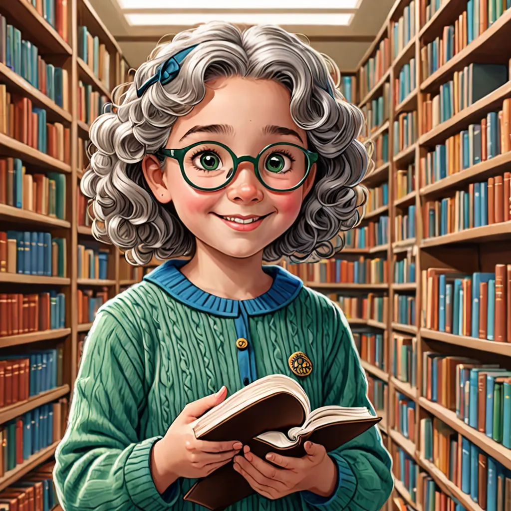 a cartoon of a girl reading a book in a library with bookshelves behind her and a skylight, sots art, a storybook illustration, Elinor Proby Adams, storybook illustration
