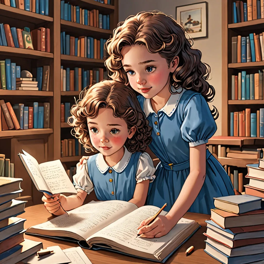 a painting of two girls reading books in a library with bookshelves in the background and a bookcase full of books, academic art, a storybook illustration, Brothers Hildebrandt, storybook illustration