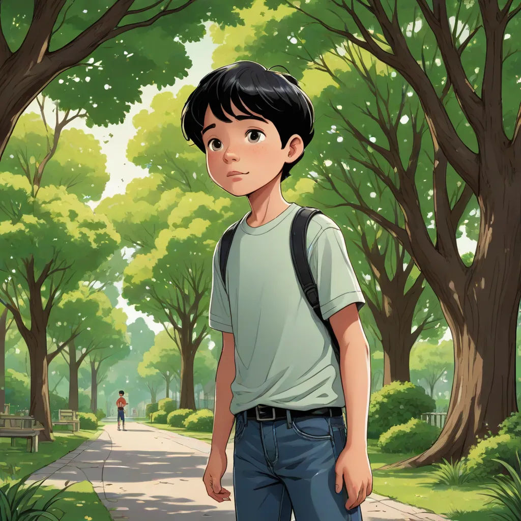 a boy standing on a path in a park with trees and a bench in the background, with a person walking on the path, photorealism, a storybook illustration, Aaron Jasinski, yukito kishiro