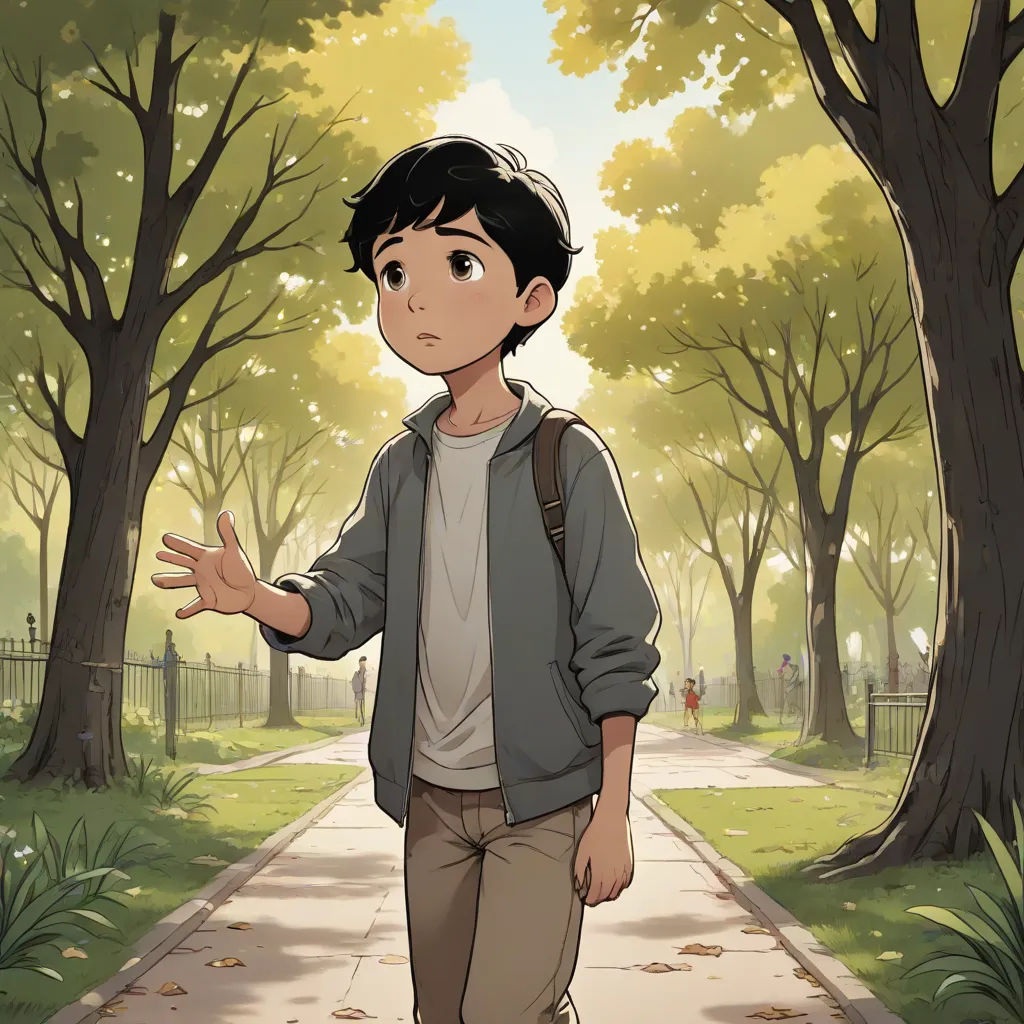 a boy is walking down a path in the park with trees and grass behind him, and a person is holding out their hand, american scene painting, a comic book panel, Aaron Jasinski, official art