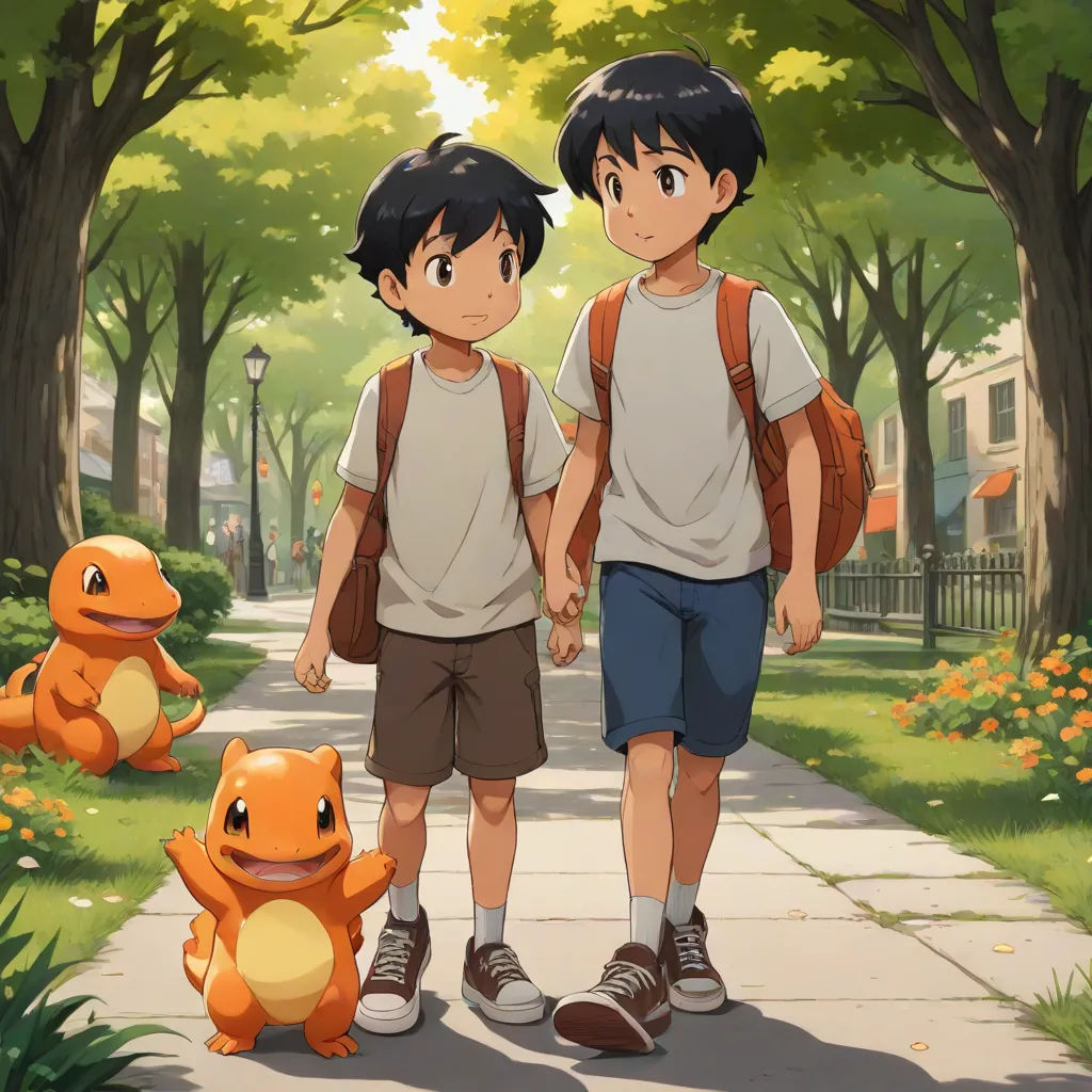 two young boys are walking down a sidewalk with a pokemon stuffed animal behind them and a pokemon stuffed animal behind them, sots art, a painting, Brothers Hildebrandt, official art