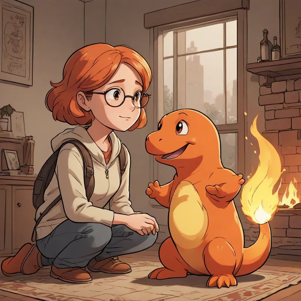 a woman kneeling down next to a small orange dinosaur on a rug in a room with a fireplace and a window, furry art, a comic book panel, Andreas Rocha, official art