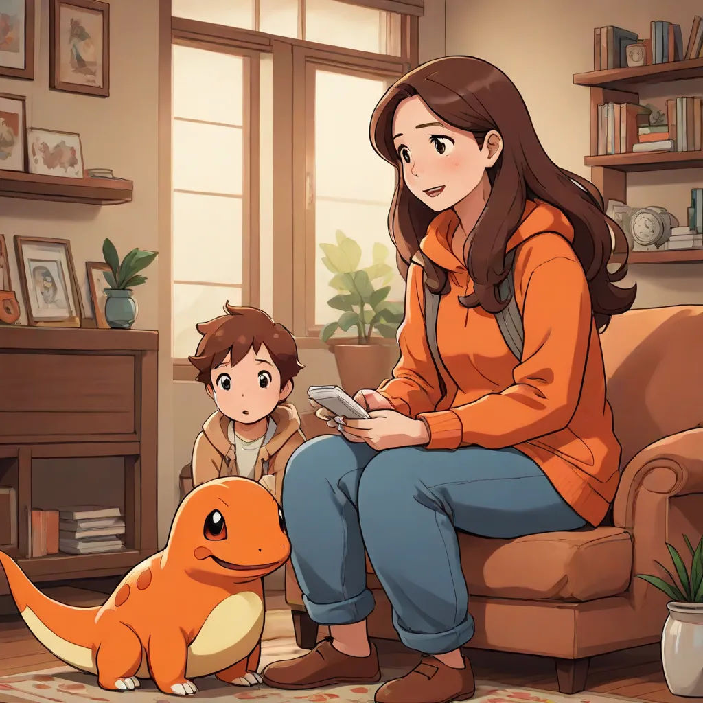 a woman sitting on a couch next to a child and a dinosaur in a living room with a television, sots art, concept art, Anne Said, official art