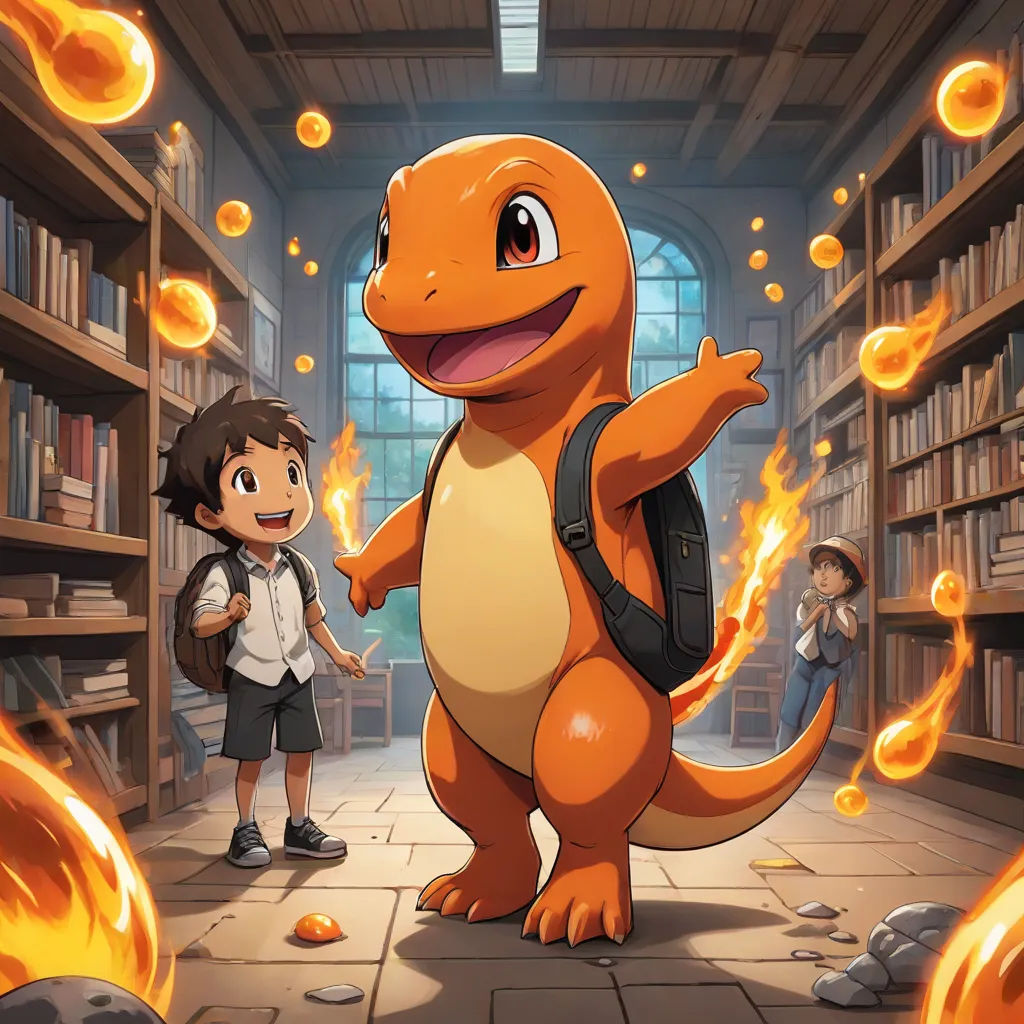 a boy and a girl are standing in a library with a dinosaur in front of them and a fireball in the air, sots art, a storybook illustration, Chris LaBrooy, official art