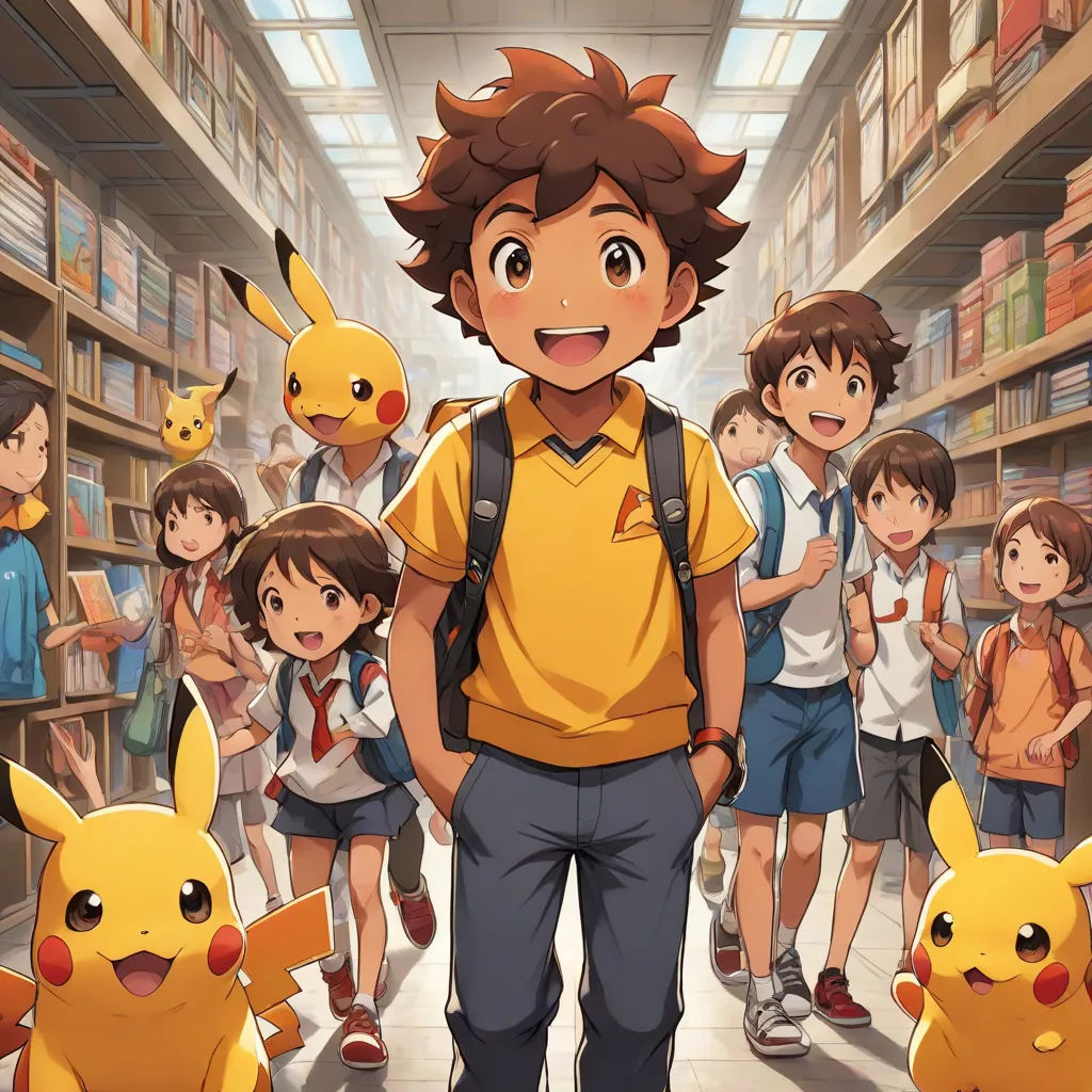 a boy in a library with a group of children behind him and a pokemon character in the background with a pokemon pikachu on his chest, shock art, poster art, Adam Manyoki, official art