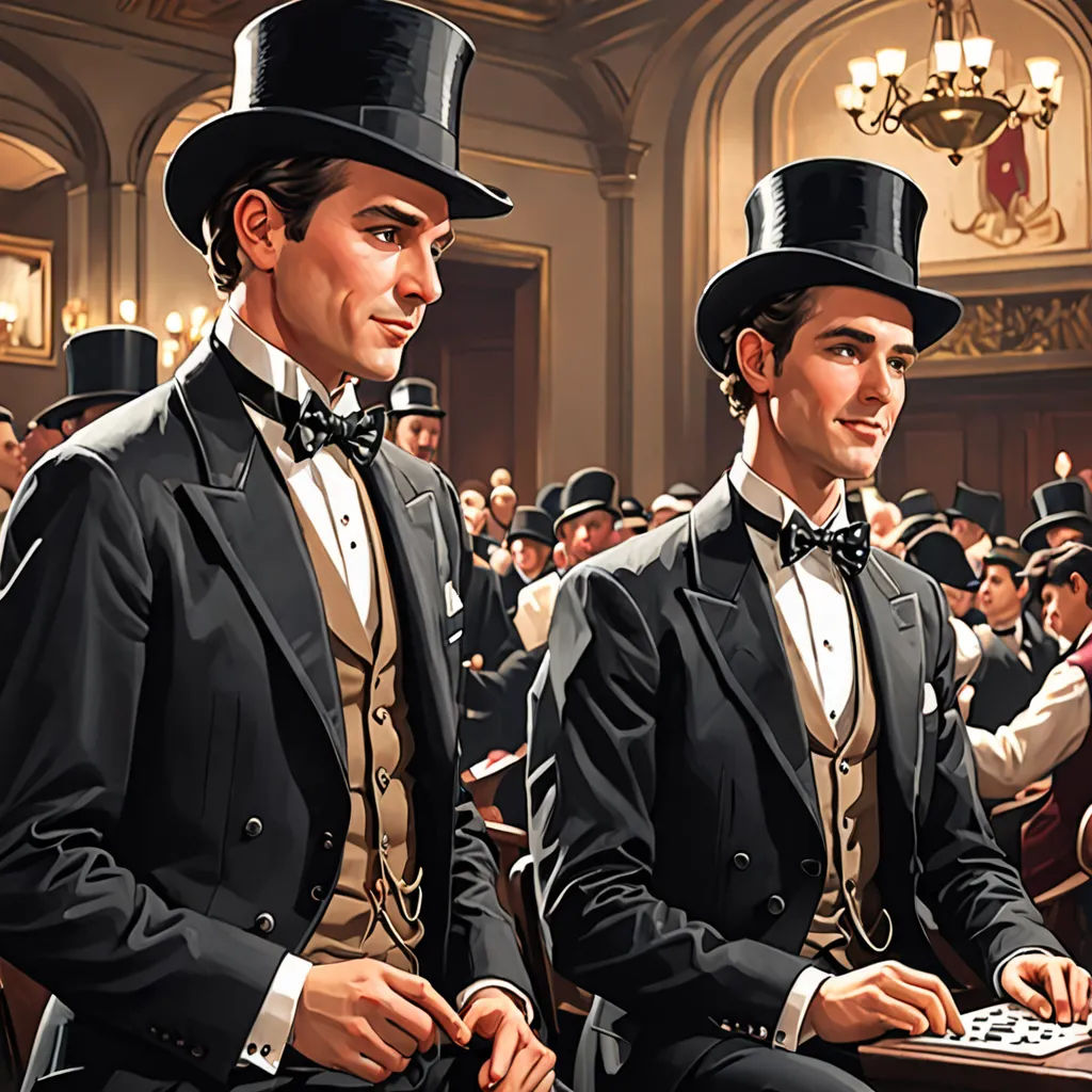 two men in top hats are sitting at a table with a laptop computer in front of them and a crowd of people in the background, american scene painting, a detailed painting, F. Scott Hess, j. c. leyendecker 8 k