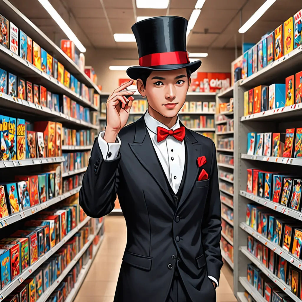 a man in a suit and top hat is talking on a cell phone in a store aisle with a shelf of books, pop surrealism, a photorealistic painting, Chen Lu, highly detailed digital painting