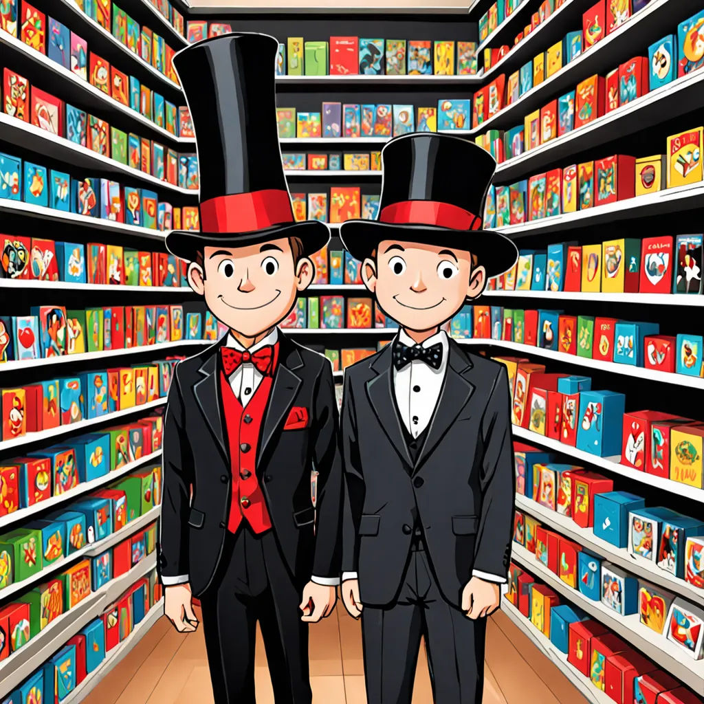 two men in tuxedos are standing in a store aisle with a shelf full of books and toys, lyco art, a storybook illustration, Diego Gisbert Llorens, promotional image
