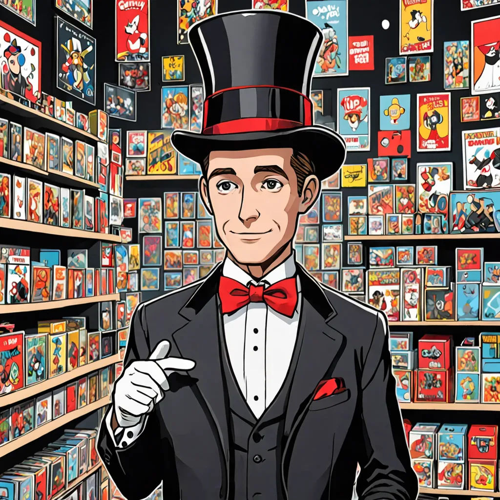 a man in a top hat and bow tie in a store aisle with a lot of comics on the shelves, maximalism, a comic book panel, Art Spiegelman, hypermaximalist