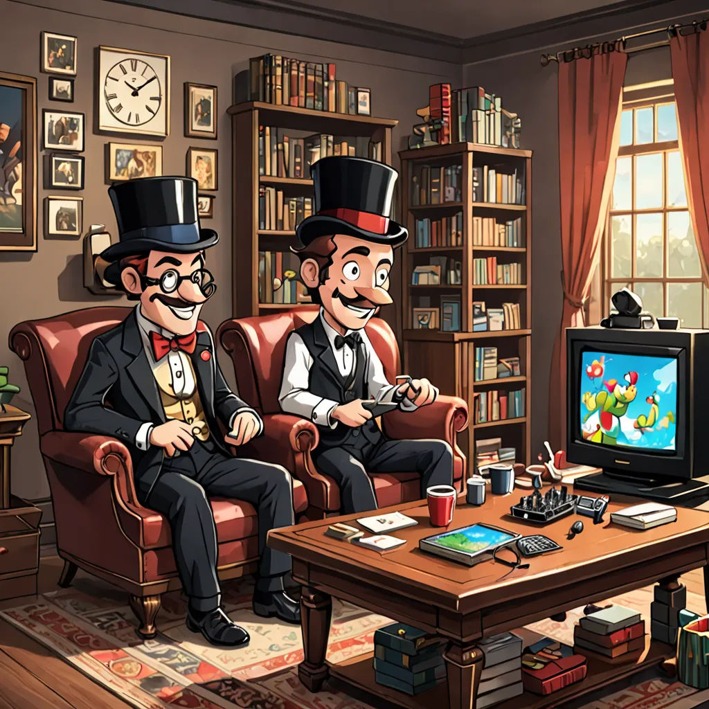 two cartoon characters sitting in a chair in front of a tv playing a game on a television set in a living room, sots art, an ultrafine detailed painting, Brothers Hildebrandt, game art
