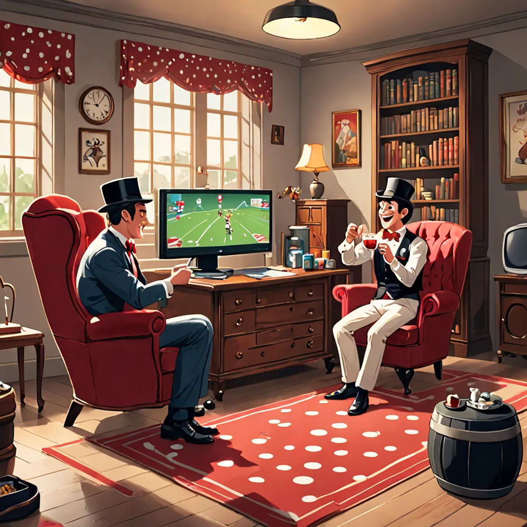 a man and a woman are playing a video game in a living room with a red chair and a red rug, american scene painting, a storybook illustration, Chris LaBrooy, game art