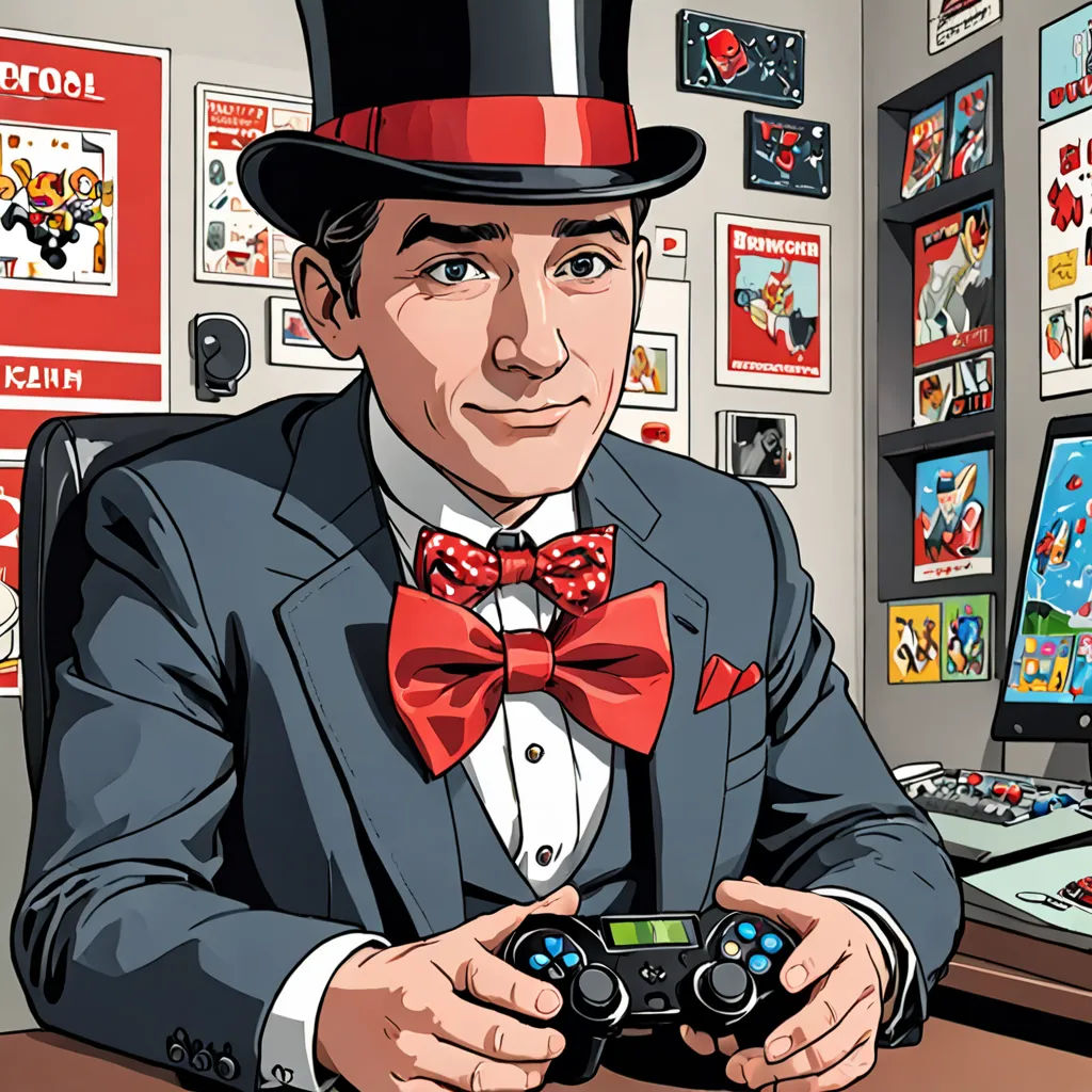a man in a top hat and bow tie holding a game controller in his hands in front of a desk with a computer and a lot of comics, maximalism, a character portrait, Diego Gisbert Llorens, game art