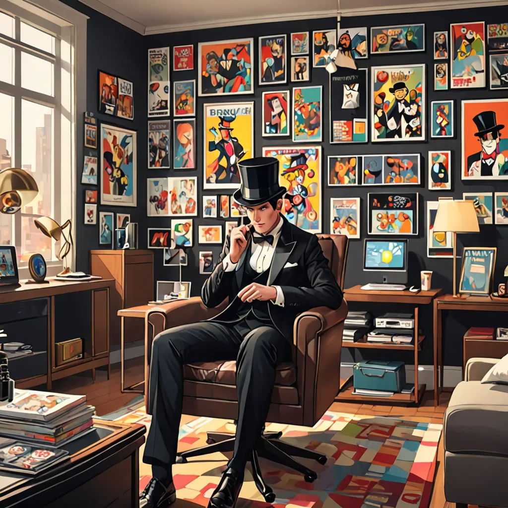 a man in a top hat sitting in a chair in a room with a lot of comics on the wall, maximalism, an ultrafine detailed painting, Chris LaBrooy, western comic book art