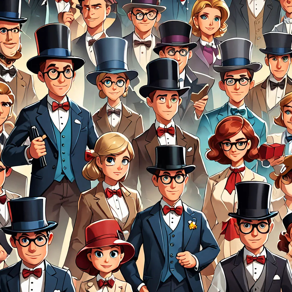 a group of people in top hats and tails are standing together in a crowd of men and women in suits, assemblage, a storybook illustration, Diego Gisbert Llorens, high detail illustration
