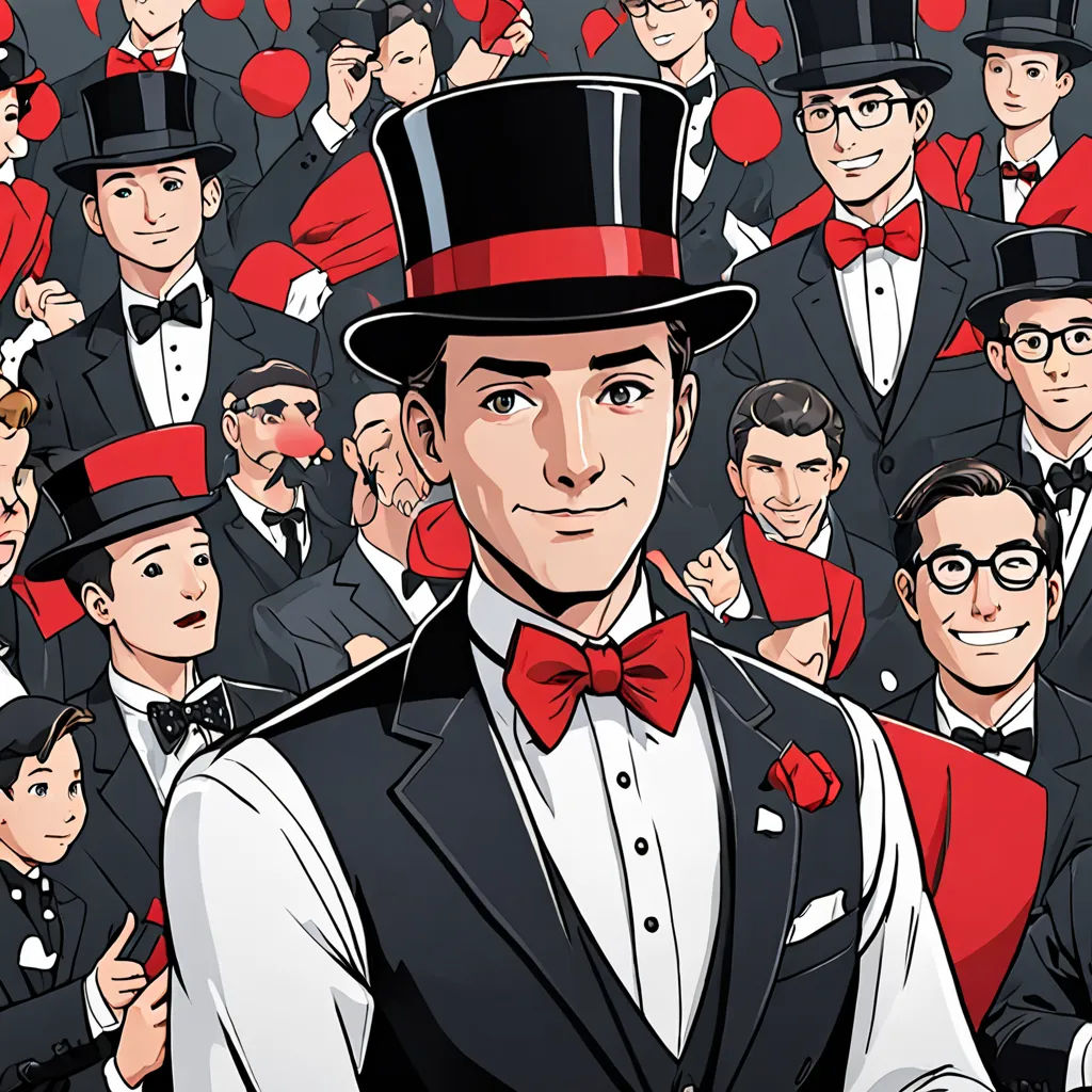 a man in a top hat and bow tie surrounded by men in tuxedos and suits and bow ties, assemblage, a comic book panel, Diego Gisbert Llorens, comic cover art