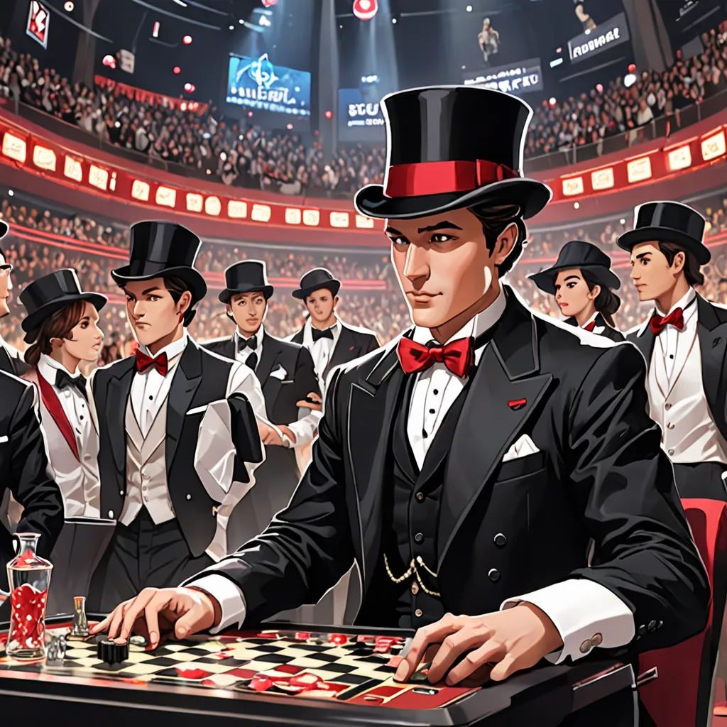 a man playing a game of checkers in a casino hall with other men in tuxedos and suits, fantasy art, concept art, Aaron Jasinski, official art