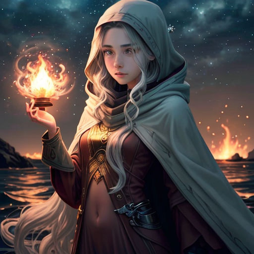 a woman holding a glowing ball in her hand in the water with a sky background and clouds above her