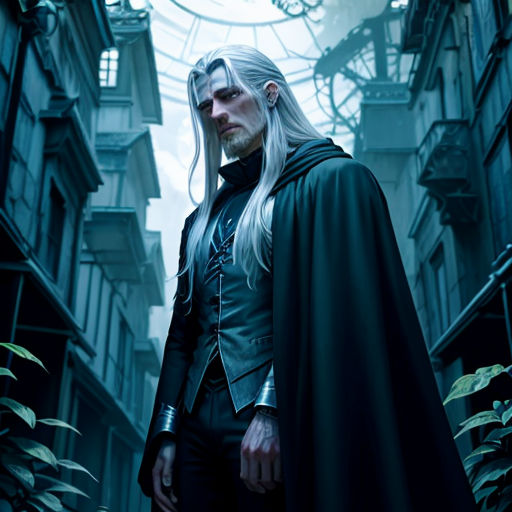 a man in a black cape and black coat standing in a narrow alleyway in a city with tall buildings