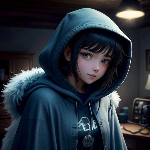 a girl in a hooded sweatshirt in a dark room with a computer desk and lamp on the wall behind her
