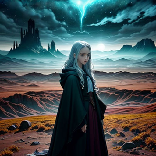 a woman in a long black coat standing in a desert area with a star above her head and a sky filled with stars