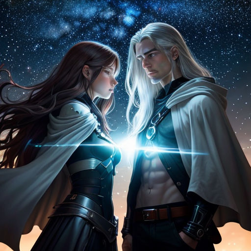two people standing next to each other in front of a sky with stars and a light shining on them