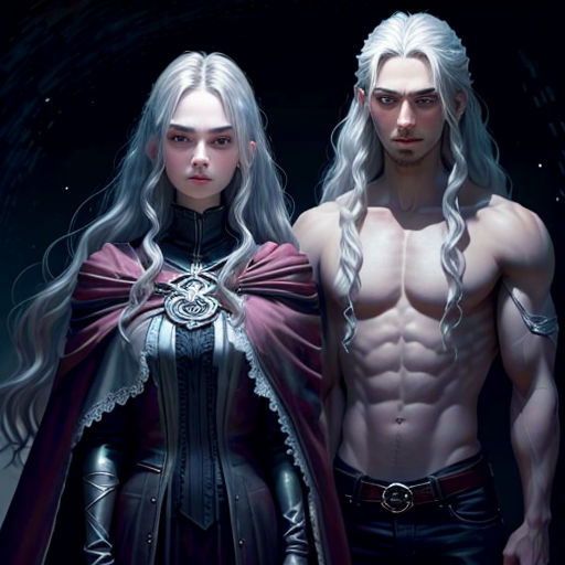 a couple of people standing next to each other in front of a dark background with stars and a moon