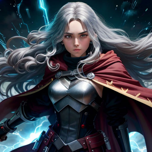 a woman in a costume with a sword and lightning behind her, with lightning behind her, and a lightning behind her
