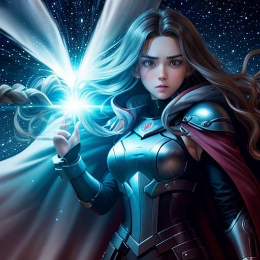 a woman in a costume holding a light saber in her hand and a star in the background with a sky full of stars