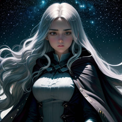 a woman with long white hair and a cape on her shoulders, standing in front of a night sky with stars