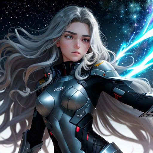 a woman in a futuristic suit holding a sword in her hand and a star in the background with a blue light