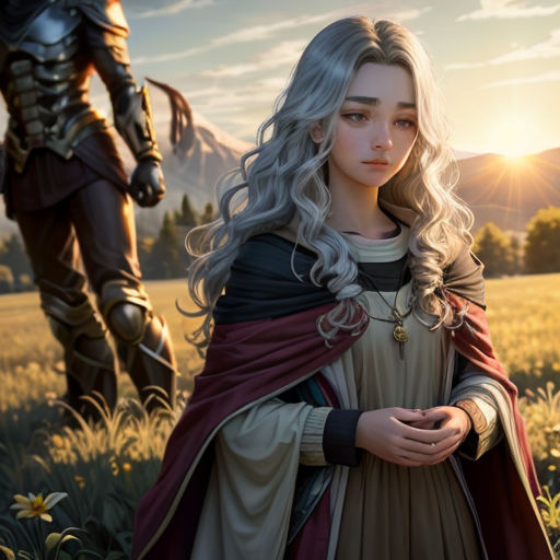 a woman in a dress standing in a field with a knight behind her and a horse behind her in the background