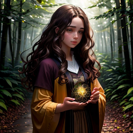 a young girl holding a crystal ball in a forest with trees and leaves around her, in the sunlight