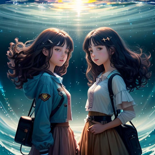two girls standing next to each other under water with a sky background and stars above them, and a sun shining above them