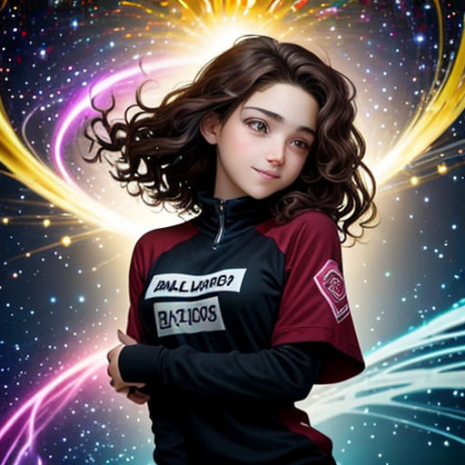 a girl with long hair and a black shirt with a red and white shirt on it, and a yellow and blue background