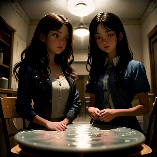 two girls standing at a table in a room with a light on the ceiling and a table with a round top