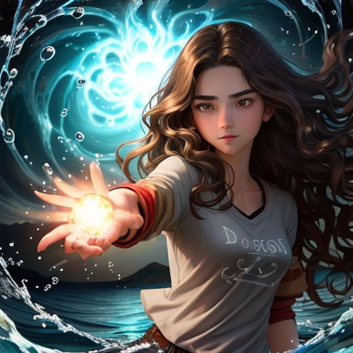 a girl holding a light in her hand with a blue background and a swirly swirl behind her, and a blue swirl behind her