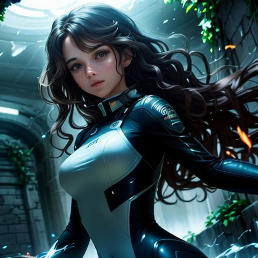 a woman in a futuristic suit is standing in a room with a plant and a light shining on her