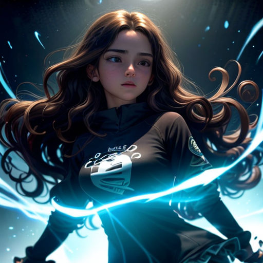 a woman with long hair and a black shirt on is holding a light saber in her hand and a light ball in the background