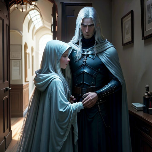 a man and a woman dressed in medieval clothing standing in a hallway together, looking at each other and smiling