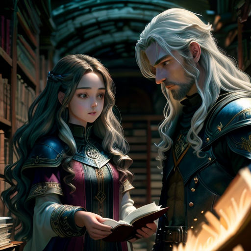 a man and a woman standing next to each other in a library with books on the shelves and a bookcase