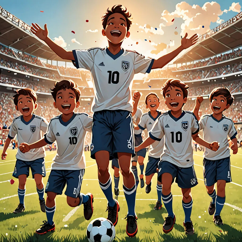 a group of young boys running across a soccer field with a soccer ball in front of them and a stadium full of people, fantastic realism, a storybook illustration, Asaf Hanuka, comic cover art