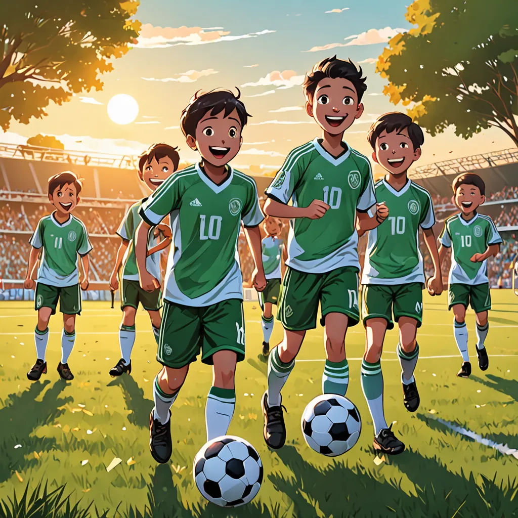 a group of young men standing on top of a soccer field next to a soccer ball on a field, dau-al-set, a storybook illustration, Fathi Hassan, official art