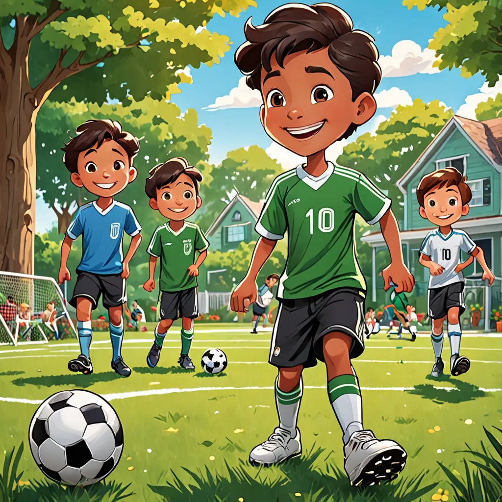 a group of children playing soccer in a field with a soccer ball in front of them and a house in the background, american scene painting, a storybook illustration, Eddie Mendoza, official art
