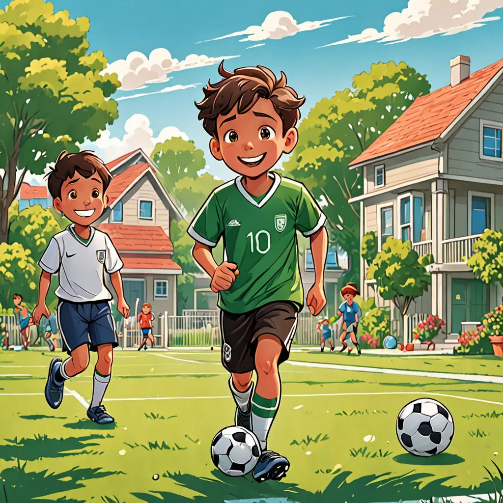 a boy and a boy are playing soccer in a yard with a house in the background and a soccer ball in the foreground, american scene painting, a storybook illustration, Diego Gisbert Llorens, book cover