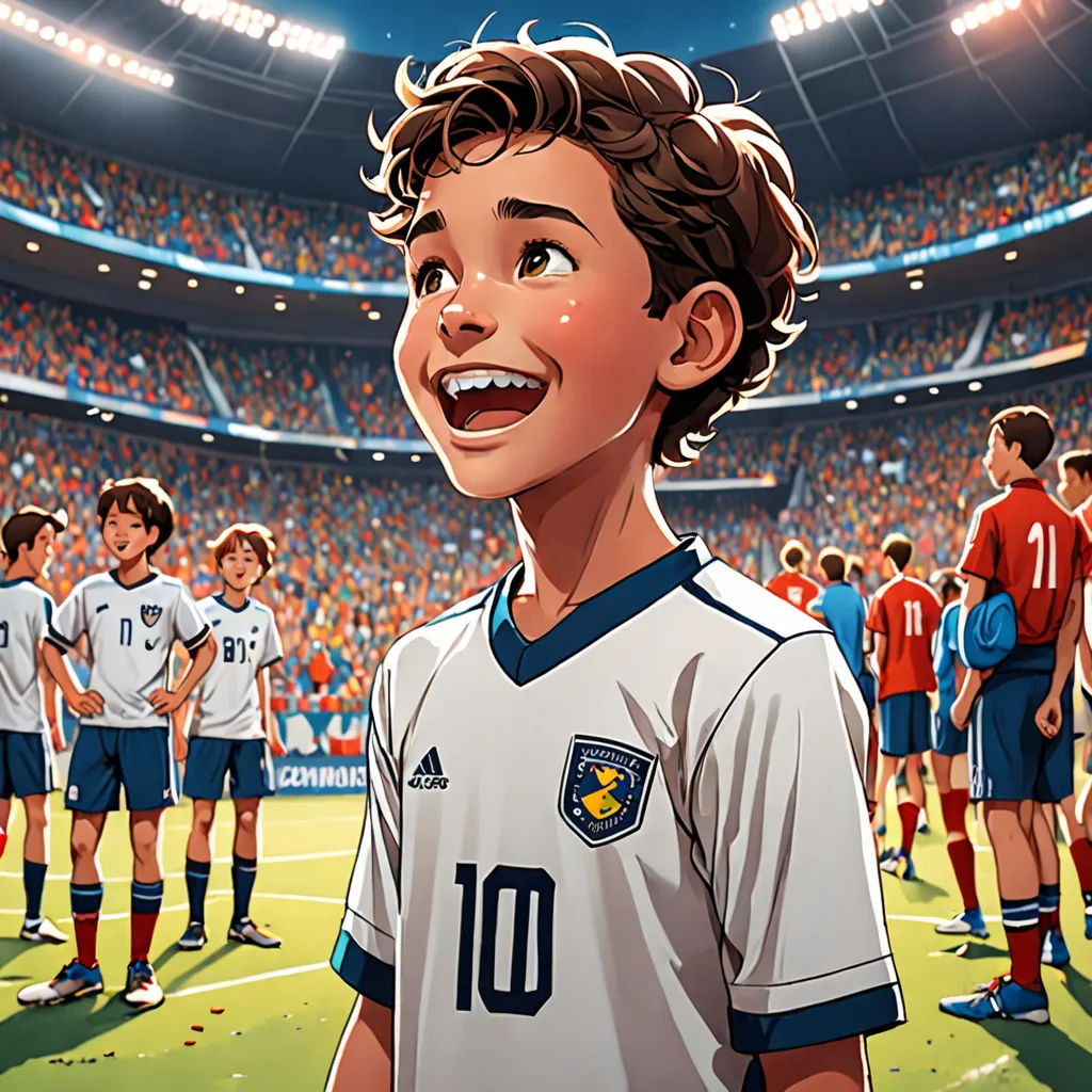 a cartoon of a boy in a soccer uniform standing in front of a crowd of people in a stadium, photorealism, a storybook illustration, Chris LaBrooy, ultra realistic illustration