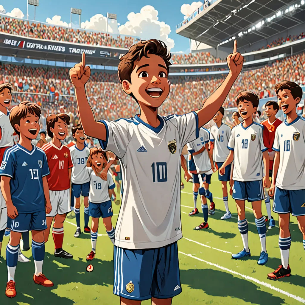 a cartoon of a soccer player giving a thumbs up to the crowd of people in the stands at a stadium, fantastic realism, a storybook illustration, Alejandro Burdisio, storybook illustration
