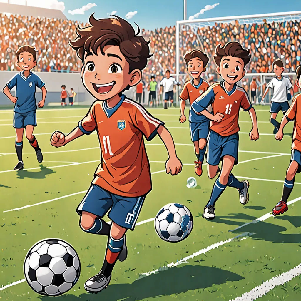 a cartoon of a boy playing soccer with other kids on a field of a stadium full of people watching, quito school, a comic book panel, Diego Gisbert Llorens, official art